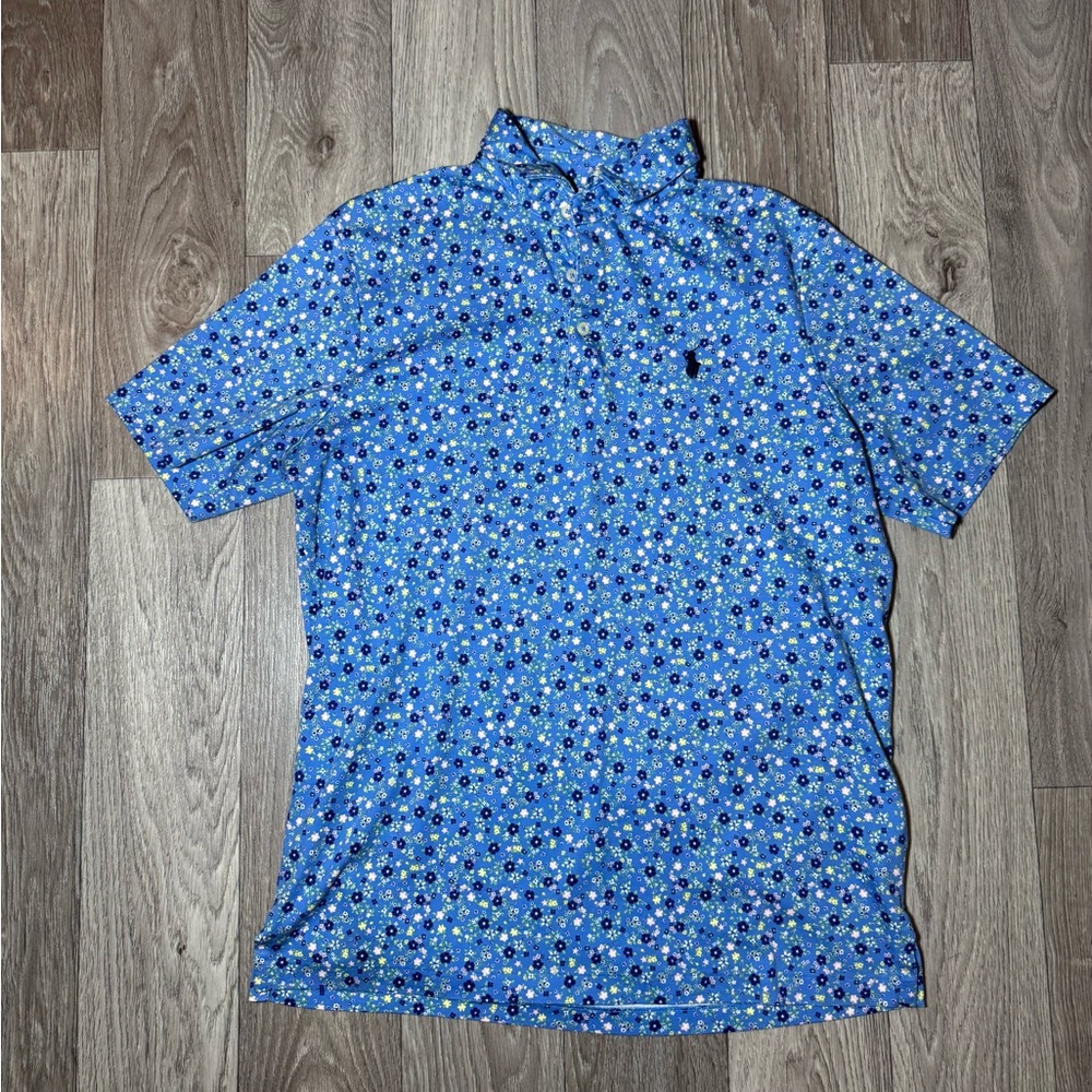 Ralph Lauren Polo Shirt Mens Size Medium Blue Floral Short Sleeve Pony